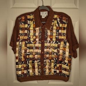 Vintage Country Wear Casuals Women's  gold & tan quilt pattern blouse size PL